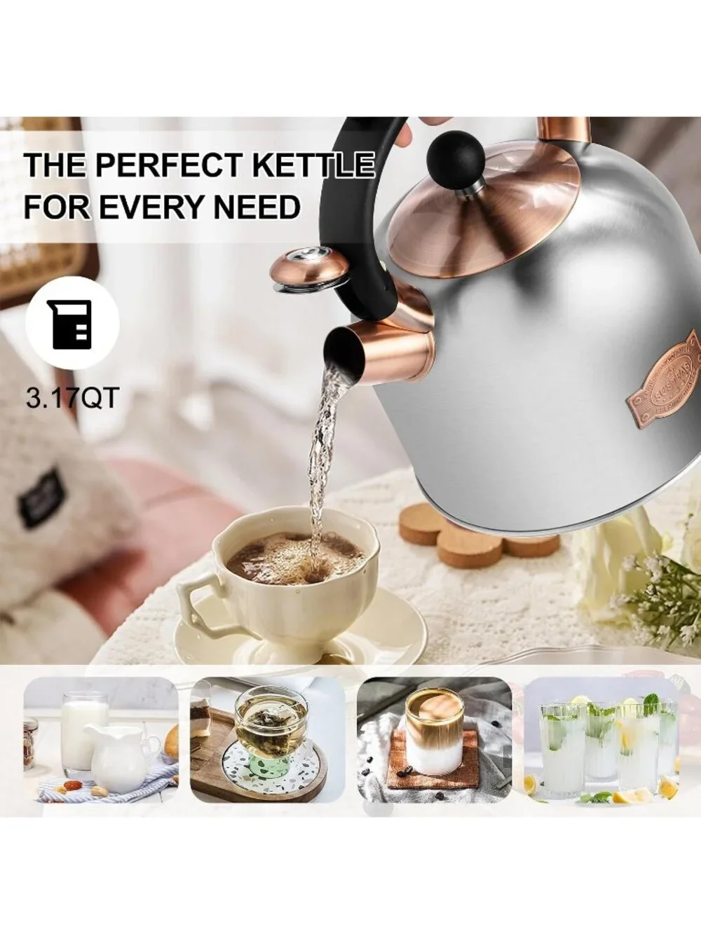 Silver Whistling Teakettle 3.17QT Stainless Steel Stovetop with Ergonomic Handle